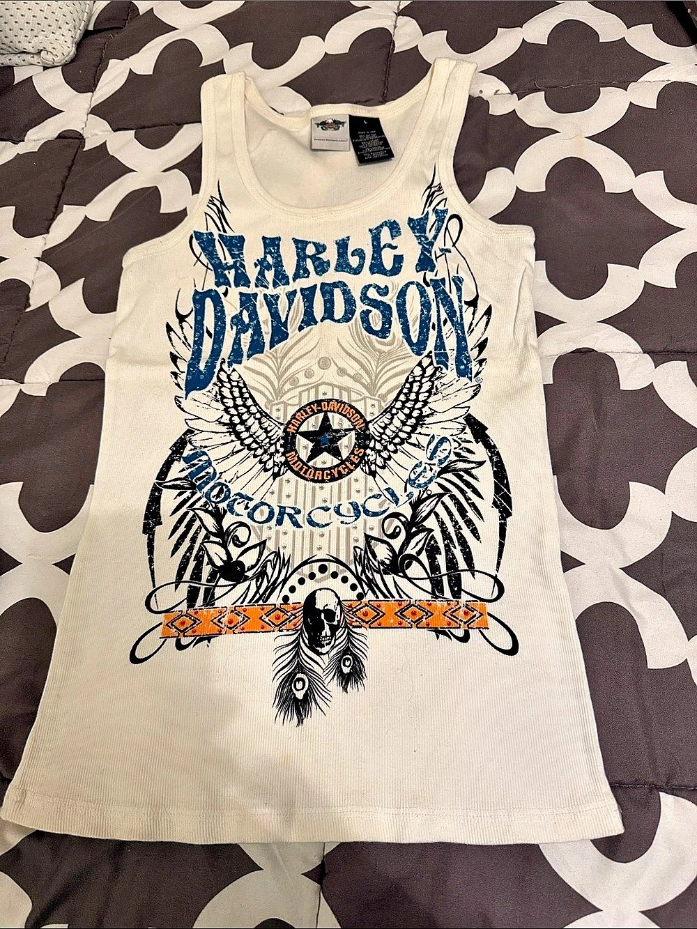 Harley-Davidson Graphic Tank Top in Cream & Blue Size Large